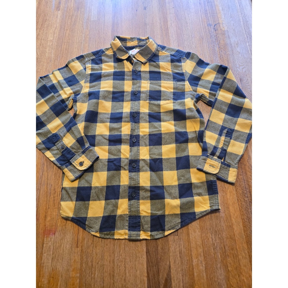 Cat & Jack LG (12/14) Gold Black Plaid Flannel Collared Long Sleeve Button Down
